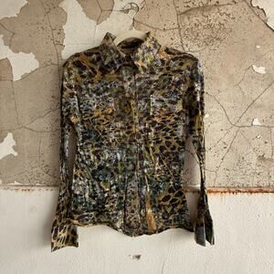 Y2K Retro Animal Print Button Down Shirt Rhinestone Peace Sign Multicolor S